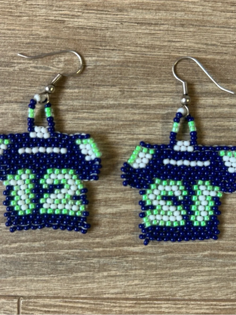 Handmade Blue, Green & White Beaded '12' Jersey Drop‎ Earrings